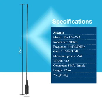 100% Оригинальная антенна UV-25D SMA Famale 144/430 МГц с коэффициентом усиления (МАКС) 2,15 дби/3,0 дби Максимальная мощность 25 Вт