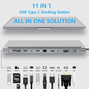 11 в 1 USB Type C Концентратор Адаптер Док-станция для ноутбука HDMI VGA RJ45 PD Для MacBook HP Lenovo Surface, Совместимый С Thunderbolt 3