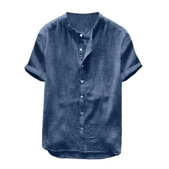 2021 Новые Мужские Рубашки Из хлопка и Льна, однотонные рубашки в стиле ретро с коротким рукавом, Топы, Блузки, Пуловеры, Рубашки