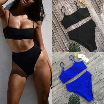 2021 Новый летний женский купальник, Сексуальное Бикини с высокой талией, Популярный купальный костюм, Бикини, 2 предмета, однотонные купальники, Модный пляжный комплект