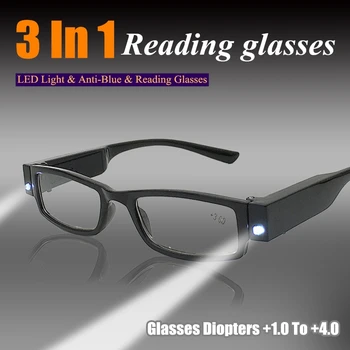 2021 Светодиодные очки для чтения со светом для женщин и мужчин, Модные Очки в полной оправе, Очки для чтения +1.0 +1.5 +2.0 До + 4,0