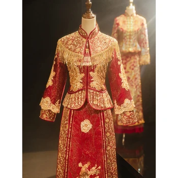 2022 Xiu He Винтажная Элегантная Пара, Красное Платье Ципао С Вышивкой Дракона и Феникса, Традиционное Китайское Свадебное Платье Для Женщин