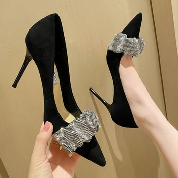 2022 Женская обувь, Черные Туфли-лодочки из искусственной кожи, женские туфли на высоком каблуке 9 см, Пикантные вечерние свадебные туфли на тонком каблуке с острым носком, Женские туфли на каблуках