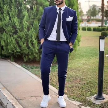 2022 Модные синие мужские костюмы Slim Fit, 2 предмета (куртка + брюки) Сшитые на заказ Свадебные Смокинги для Жениха, костюм для выпускного вечера, Комплект блейзеров для мужчин
