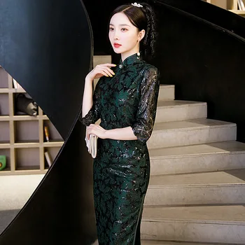 2022 Осеннее Расшитое Блестками Кружевное Платье с рукавами три четверти, Зеленый Воротник-стойка для Подиума, Китайское Свадебное Платье Ципао для женщин