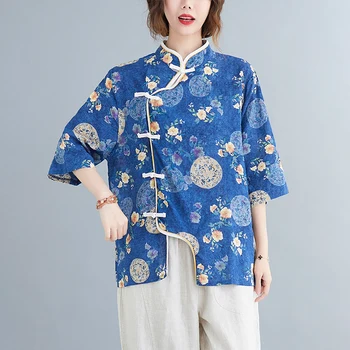2022 хлопчатобумажные длинные топы qipao collor cheongsam, рубашки с цветочным принтом, винтажная свободная блузка, женская традиционная китайская одежда
