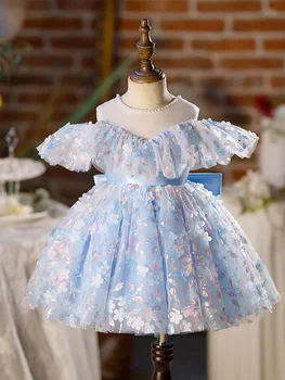 2023 Вечернее Свадебное Детское Торжественное платье для Маленьких девочек с Синим Бантом и блестками, Короткие Платья для Выпускного Вечера, Детский Праздничный костюм