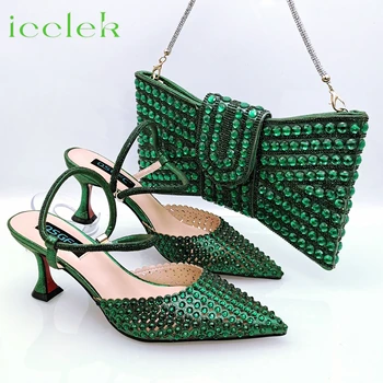 2023 г., Зеленый цвет, Высококачественные женские туфли с острым носком, украшенные кристаллами, комплект сумок в тон для женщин, вечерние туфли-лодочки