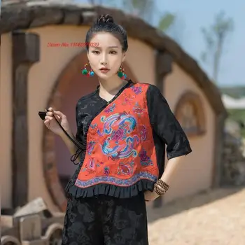 2023 китайская винтажная блузка hanfu с традиционной цветочной вышивкой tangsuit cheongsam qipao, женская атласная жаккардовая рубашка, ретро блузка
