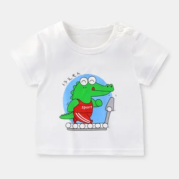 2023 Летняя хлопковая футболка с короткими рукавами для мальчиков, детская корейская версия, Свободный повседневный пуловер с мультяшным рисунком, майка с круглым вырезом