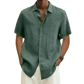 2023, Модная Мужская рубашка с короткими рукавами, Однотонная Хлопковая Льняная Модная летняя Рубашка на пуговицах
