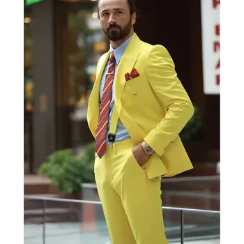 2023 Новые Желтые Костюмы с остроконечными лацканами для мужчин, Деловой Повседневный Официальный костюм Homme, Двубортный, приталенный, Комплект из 2 предметов, куртка, Брюки