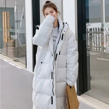 2023 Осенне-зимняя женская Длинная пуховая стеганая куртка в Корейском стиле, Женская повседневная Свободная стеганая куртка с капюшоном, теплые пальто