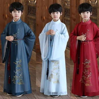 3 цвета, китайская традиционная одежда для мальчиков, детский костюм Hanfu Tang с вышивкой, Новогодний наряд с длинным рукавом, Фарфоровый принц