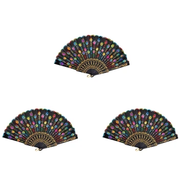 3X Цветной Вышитый Цветочный узор Черная Ткань Складной ручной вентилятор для Женщины