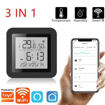 3В1 Tuya WIFI, датчик температуры и влажности и ИК-пульт дистанционного управления, ЖК-детектор для Умного дома, беспроводной термометр для Alexa Google