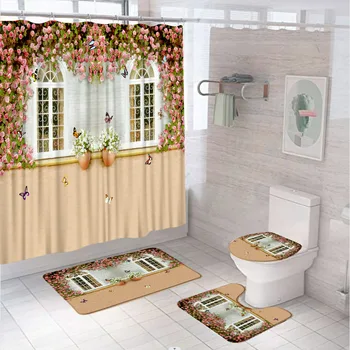 4шт Каменная стена, Окно, Цветочная Занавеска для душа, Набор для ванной комнаты, Сад с розами и бабочками, Тканевый экран, Противоскользящий Коврик для туалета, коврик для ванной