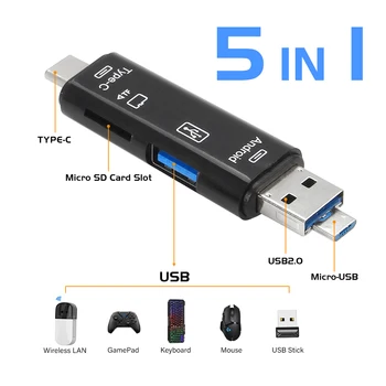 5 в 1 Многофункциональный USB 2.0 TYPE-C / USB / Micro /USB /TF /SD Устройство для чтения карт памяти OTG Card Reader Адаптер Аксессуары Для мобильных телефонов