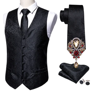 5 шт., дизайнерский мужской свадебный костюм, жилет, черный жаккардовый шелковый жилет с рисунком Пейсли, броши для галстука, жилет, комплект Barry.Жених Ван