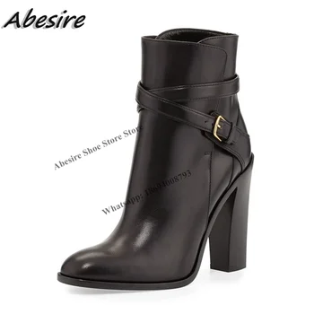Abesire/ Полусапожки из черной мягкой кожи с пряжкой, женские ботильоны на толстом высоком каблуке с круглым носком, однотонная новая осенне-зимняя обувь Большого размера
