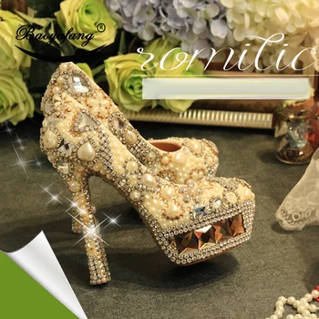 BaoYaFang/ Новое поступление, женские свадебные туфли со стразами цвета шампанского, женские туфли на платформе с жемчугом цвета слоновой кости, Роскошные высокие туфли из натуральной кожи