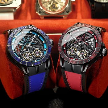 BINBOND Роскошные механические часы с двойным Турбийоном для мужчин, Модные Автоматические часы со скелетом, Мужские Повседневные кожаные водонепроницаемые часы