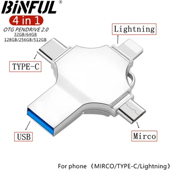 Binful 4в1 USB 3,0 Флэш-накопитель 256 ГБ 128 ГБ 64 ГБ 32 ГБ Металлический Флешка для iphone iPad iso Android OTG type c USB Memory stick
