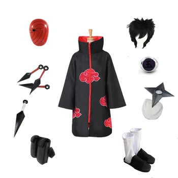 Brdwn Акацуки Учиха Обито Ниндзя Косплей Красный Облачный плащ костюм (Костюм + Обувь + Маска + сюрикен + Кольцо + Кунай + сумка)