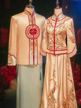 Chinese Traditional Gold Wedding Dress Embroidery Phoenix Banquet High-quaity Classic Cheongsam China Qipao костюм для восточных
