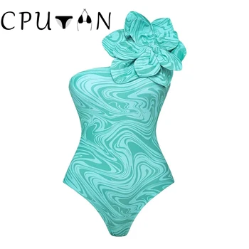 CPUTAN 2023, Сексуальный цельный купальник с 3D цветком, Летний женский Винтажный пляжный костюм с принтом на одно плечо, Монокини для плавания, купальный костюм