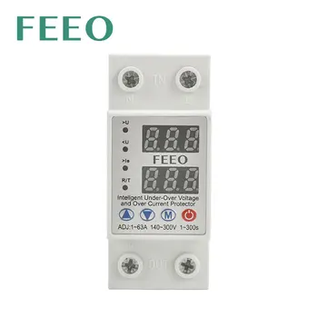 FEEO Din-рейка с двойным дисплеем, Светодиодное реле 63A, устройство защиты от перенапряжения, тока и пониженного напряжения 220v 230v MCB