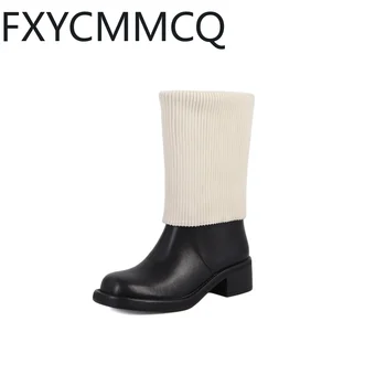 FXYCMMCQ/Зимние кожаные женские обтягивающие ботинки в европейском и американском стиле, Размер 34-42, комплект с круглым носком, универсальная обувь в тон J226