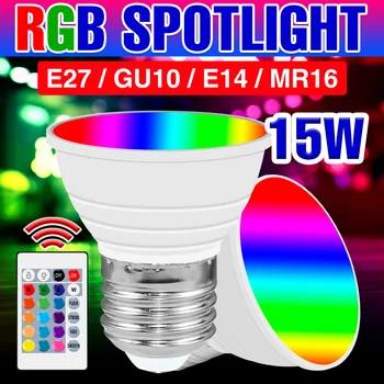 GU10 RGB Лампа 110V Light 220V Светодиодная Лампа E27 Spotlight E14 Цветная Ампула 15 Вт Круглая Лампа MR16 Bombilla Внутреннее Умное Управление Светом