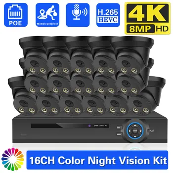 H.265 16CH 4K 8MP POE Security NVR Камера Система Двухстороннего Аудио Купольный Полноцветный Комплект защиты видеонаблюдения Ночного Видения