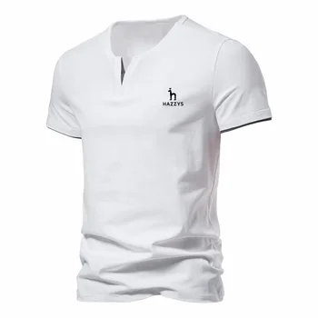 HAZZYS 2023, Новая мужская Модная Поддельная футболка из двух частей с V-образным вырезом, Хлопковая Однотонная Повседневная футболка с коротким рукавом, Летний M-5XL