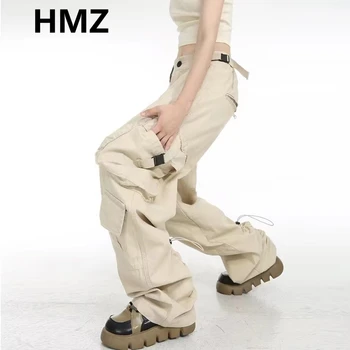 HMZ High Street Унисекс Ретро повседневный комбинезон с большим карманом для мужчин и женщин, новинка 2022, с высокой талией, свободные прямые брюки с драпировкой, широкие брюки