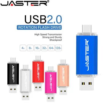 JASTER Пластиковые USB флэш-накопители 128 ГБ TYPE-C 2 в 1 Флеш-накопитель 64 ГБ 32 ГБ 16 ГБ Бесплатный Пользовательский логотип USB-накопитель 8 ГБ Черный Креативный подарок