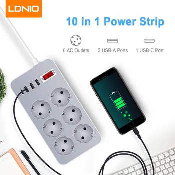 LDNIO EU Power Strip 6 портов переменного тока, 4 USB-розетки, Зарядная станция, удлинитель 1,2 М С защитой от перенапряжения, адаптер для внутренней розетки