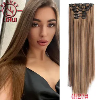 Lihui 16 клипс Длинная Прямая Синтетическая заколка для наращивания волос Cheveux Clip Naturel из высокотемпературного волокна, черно-коричневый шиньон