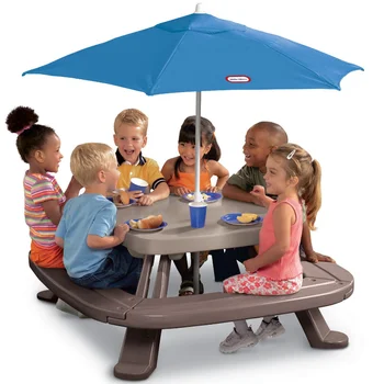 Little Tikes Outdoor Fold 'n Store Детский Стол для пикника Игрушечный с Рыночным Зонтиком, столом и набором стульев для детей