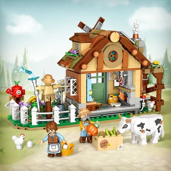 LOZ Креативная ветряная мельница, Фермерский дом для животных, Строительный блок, Moc Фермерская хижина, садовая тележка, Игрушки для коров, кирпич для детского подарка