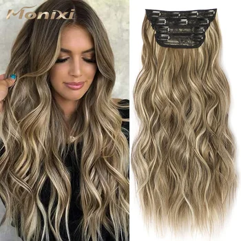 MONIXI, длинные светлые волнистые 4 шт., толстые шиньоны, заколки для наращивания синтетических волос, наращивание натуральных волос 20 дюймов для женщин