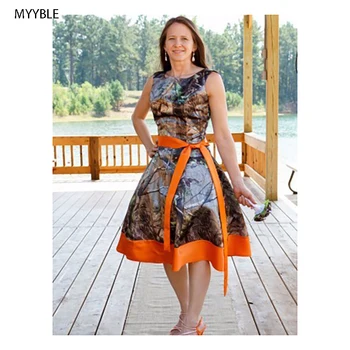MYYBLE, изготовленные на заказ Камуфляжные платья подружек невесты длиной до колена, Камуфляжные платья для свадебной вечеринки 2016, Оранжевое атласное платье для особых случаев