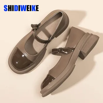 SDWK4CM/ Дизайнерские женские туфли Mary Jane; Весенние туфли-лодочки; Модные элегантные женские туфли-лодочки на среднем каблуке с мелким круглым носком и пряжкой