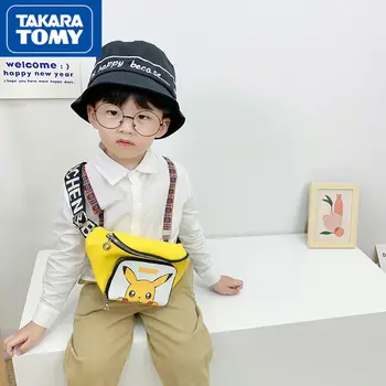 TAKARA TOMY/ милая детская нагрудная сумка с рисунком Пикачу из искусственной кожи с мультяшным принтом для мальчиков и девочек, двухслойный карман на молнии большой емкости