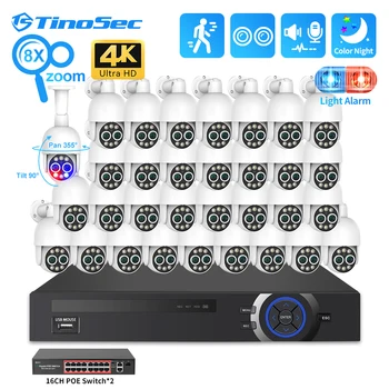 TinoSec 32-канальная камера безопасности 4K PTZ POE 2,8 мм с двойным объективом и 8-кратным зумом, Обнаруженный человеком Комплект видеонаблюдения ночного видения