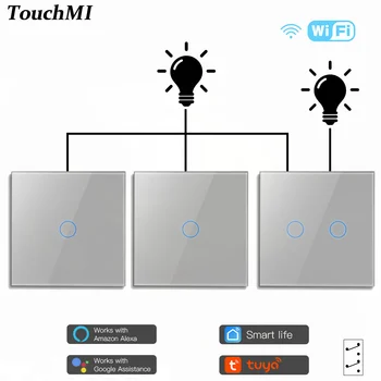 TouchMI Умный Wifi Выключатель света 220 В Настенный сенсорный датчик Прерыватель Хрустальная Стеклянная Панель Tuya Smart Life Alexa Control 1/2/3way