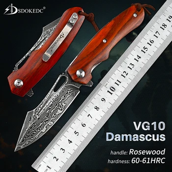 VG10, дамасская сталь, Деревянная ручка, Складное лезвие, шарикоподшипник, карманный нож, Охотничий нож для выживания на открытом воздухе, тактические инструменты для самообороны EDC