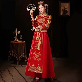 Xiuhe Традиционное китайское свадебное платье Для новобрачных, Длинное атласное Ципао, Классическое Винтажное Модное Элегантное Платье Чонсам, Большие размеры