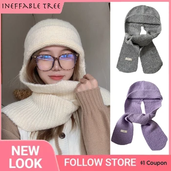 Y2K, японская супер милая розовая шерстяная шапка-бомбер, осенне-зимний шарф, шапка с интегрированным дизайном, вязаный теплый шарф для девочек, Женские шапки
